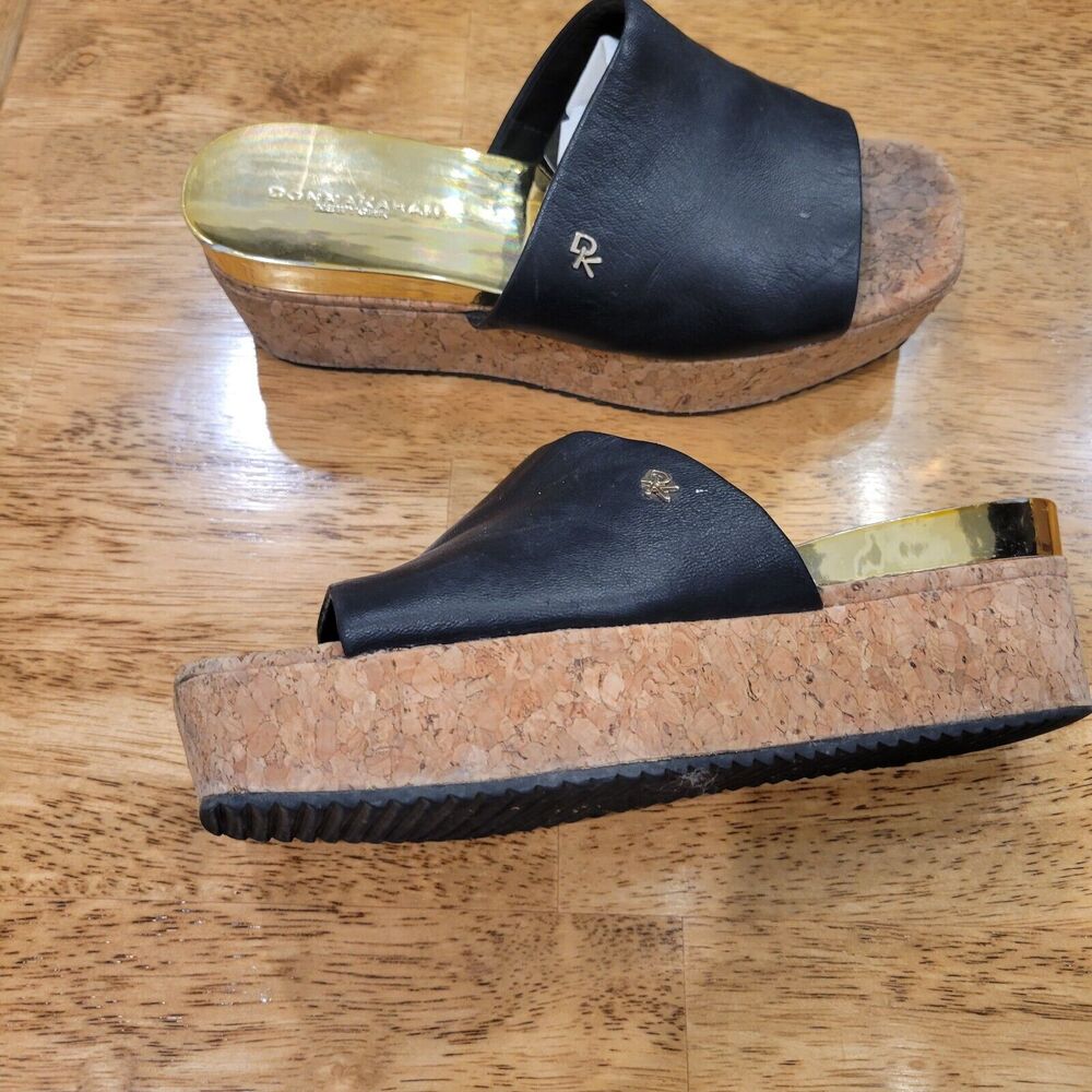 Donna Karan New York Deena Metallic Leather Slides Square Toe Cork Platforms S 6